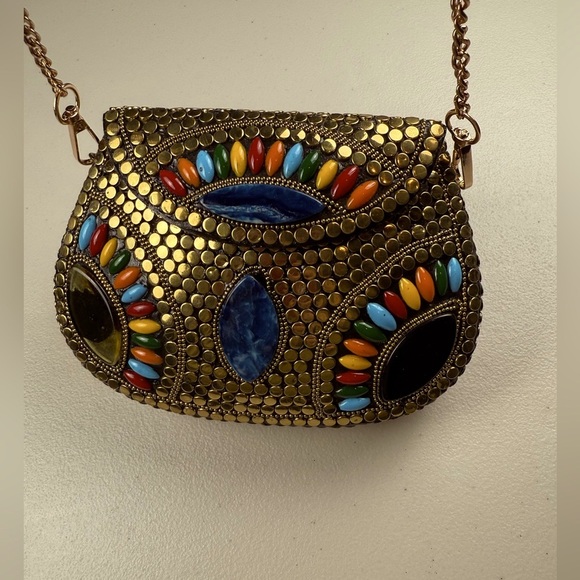 Ramla Handmade Moroccan Clutch with Shoulder Strap, statement‎ bag, brass/tile